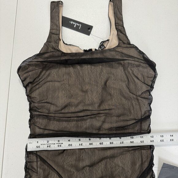 Lulus Womens Dress M Black V.I.P. Treatment Mesh Ruched Bodycon Midi Dark Y2K - Picture 8 of 13